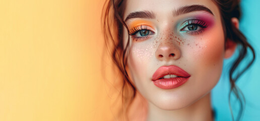 A woman with colorful makeup on her face is the main focus of the image. The bright colors and bold makeup. Close-up, Pretty face of a woman with multi colors vivid makeup on yellow background