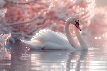 A white swan gracefully swims in the water with pink flowers in the background