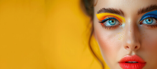 A woman with colorful makeup on her face is the main focus of the image. The bright colors and bold makeup. Close-up, Pretty face of a woman with multi colors vivid makeup on yellow background