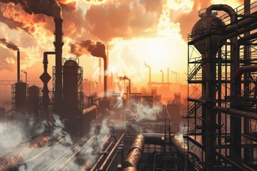An industrial city scene with abstract factory silhouettes, rusted metal structures, and smog-filled skies, Generative AI