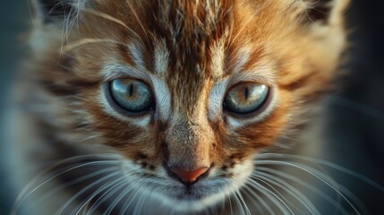 Captivating Kitten with Tiger Like Fur Stares into Camera Winning Hearts with Endearing Eyes and Charismatic Presence - obrazy, fototapety, plakaty