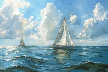 a painting of two sailboats in the ocean - obrazy, fototapety, plakaty