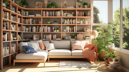 Virtual Styling of Sunlit Living Room with Wooden Bookshelf 