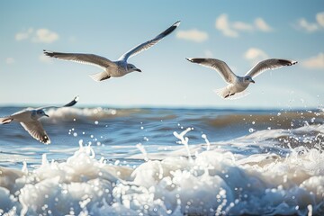 two seagulls flying over the ocean waves