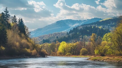 carpathian countryside scenery with river on a sunny day in spring. trees along shore and forest on the hill. mountainous landscape of ukraine beneath a blue sky with fluffy clouds - obrazy, fototapety, plakaty