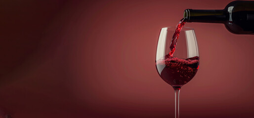 A glass of red wine is poured into a wine glass. wine pours from a bottle into a glass, mockup, photo, minimalism, banner in a planer background - obrazy, fototapety, plakaty