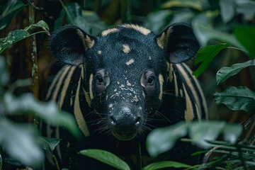 Foto op Canvas A scene depicting the endangered Malayan tapir, its distinctive coloration stark against the deep gr © Oleksandr
