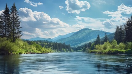 carpathian countryside scenery with river on a sunny day in spring. trees along shore and forest on the hill. mountainous landscape of ukraine beneath a blue sky with fluffy clouds - obrazy, fototapety, plakaty