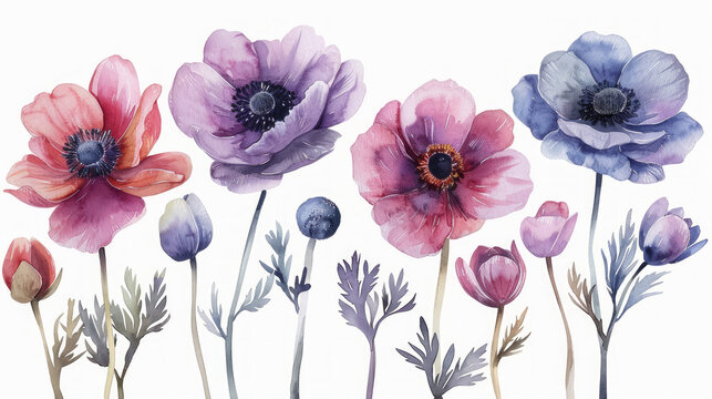 Set in stile acquerello di anemoni rosa e blu su ssfondo bianco scontornabile