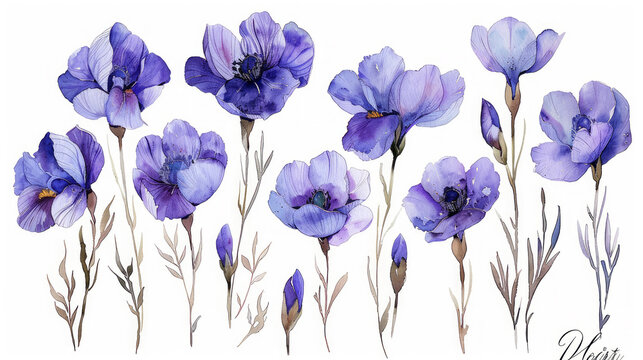 Set in stile acquerello di anemoni rosa e blu su ssfondo bianco scontornabile