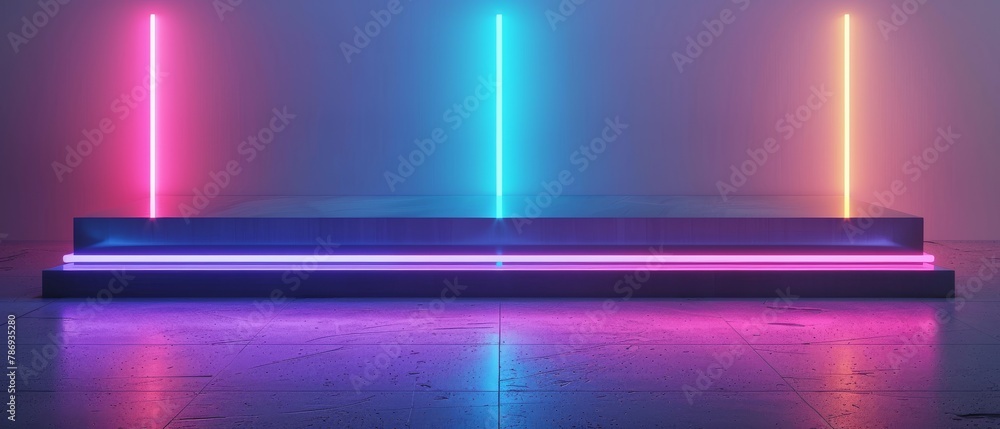 Poster a blank product stand with neon lights. a rendering in 3d