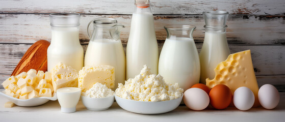 Fresh dairy assortment with milk, cheeses, and eggs on a rustic wooden background.