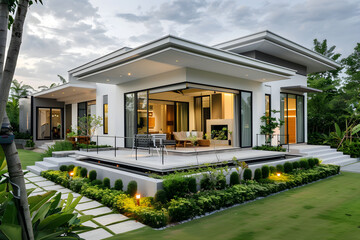 Fototapeta na wymiar Contemporary Minimalist Styled Abode Surrounded by Verdant Landscaping - Comfortable and chic living redefined