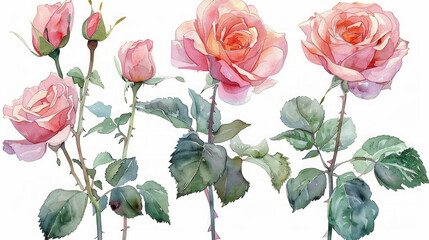 Set elementi acquerello di rose rosa; collezione fiori da giardino; foglie; rami. Botanica; illustrazione, eucalipto; design floreale di nozze