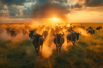 A scene showing a vast herd of wildebeests thundering across the Serengeti plains at dawn, dust bill