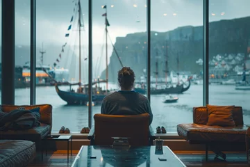 Foto op Aluminium A scene showing a Viking CEO in a modern boardroom, his longship strategy plan laid out as a metapho © Oleksandr