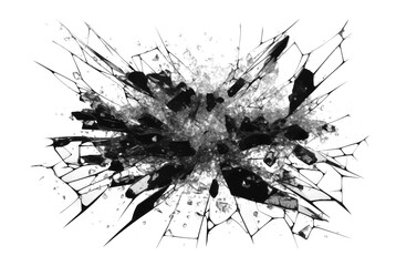 Black shattered glass exploding on empty transparent background. Isolated abstract broken glasses explosion brush. Generative ai - obrazy, fototapety, plakaty