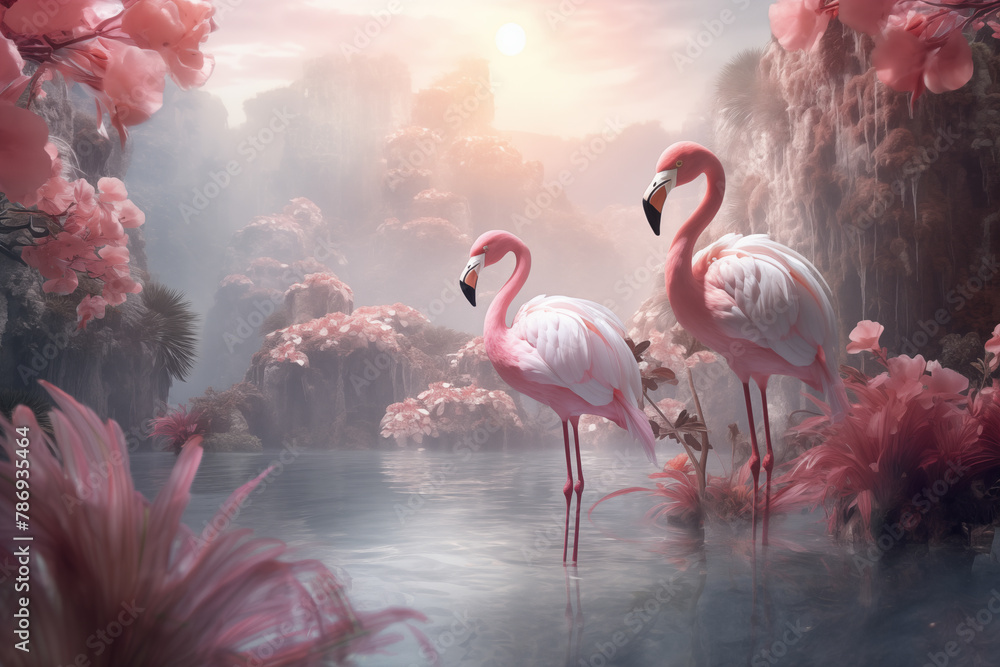 Wall mural Beautiful flamingos in the water, art design