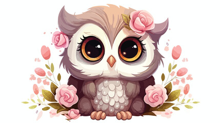 Cute Cartoon Owl with flowers on a white background vector