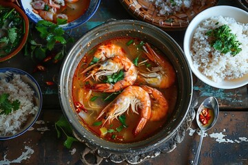 Tom Yum Kung, Tom Yum Soup, Tom yam kung is a spicy clear soup typical in Thailand, Generative AI
