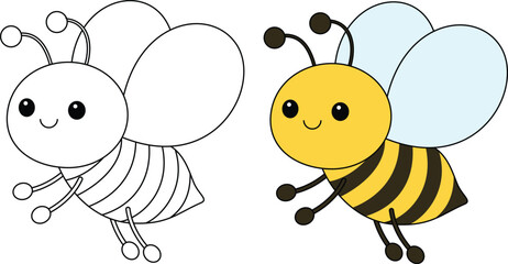 Cute kawaii cartoon character bee coloring page, vector printable worksheets for preschool.