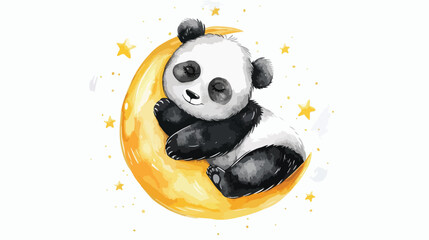 Cute Cartoon panda isolated sleeping on the moon watercolor