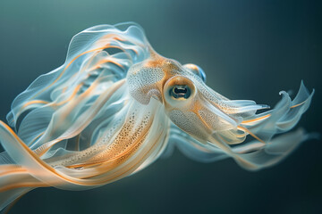 A translucent squid, adorned with glowing orange spots, hovers in the darkness of the ocean, tentacles trailing like celestial streams..