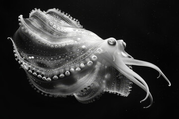 A translucent squid, adorned with glowing orange spots, hovers in the darkness of the ocean, tentacles trailing like celestial streams..