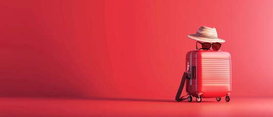 In this digital rendering, we have a suitcase with hat and sunglasses on a red background. It is a travel concept with a minimalist style.