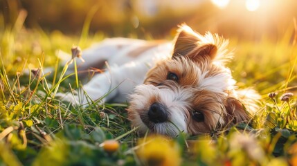 Small adorable dog resting in a field