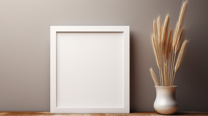 A minimalist white empty frame hangs against a modern backdrop, atop a wooden table adorned with a white ceramic vase filled with dried spikelets, creating a harmonious blend of elegance and nature.
