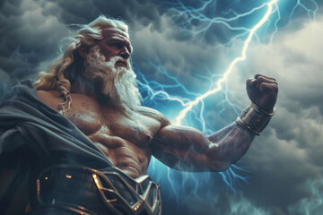 A scene where Zeus, the Greek god of the sky, endorses a leading brand of electric cars, emphasizing - obrazy, fototapety, plakaty