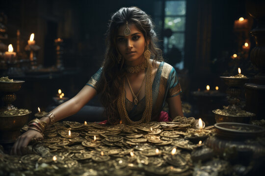 A scene where Lakshmi, the Hindu goddess of wealth, endorses a financial service, ensuring prosperit