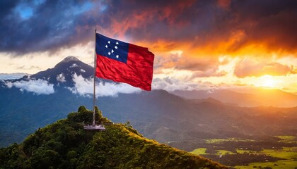 The Flag of Samoa On The Mountain.