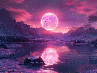 Mountains and lakes, the huge red moon - obrazy, fototapety, plakaty