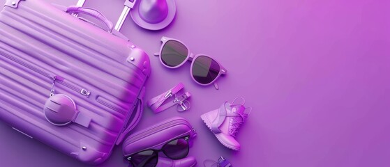 A flat lay of a purple suitcase with travel accessories on a purple background. A travel concept rendered in 3D.