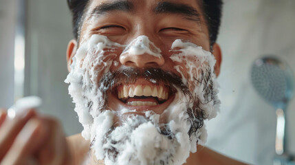 Face, skincare and foam with asian man in bathroom closeup for cleaning, hygiene or shaving. Beauty, water in shower for beard treatment and happy person washing skin for morning cleanse routine