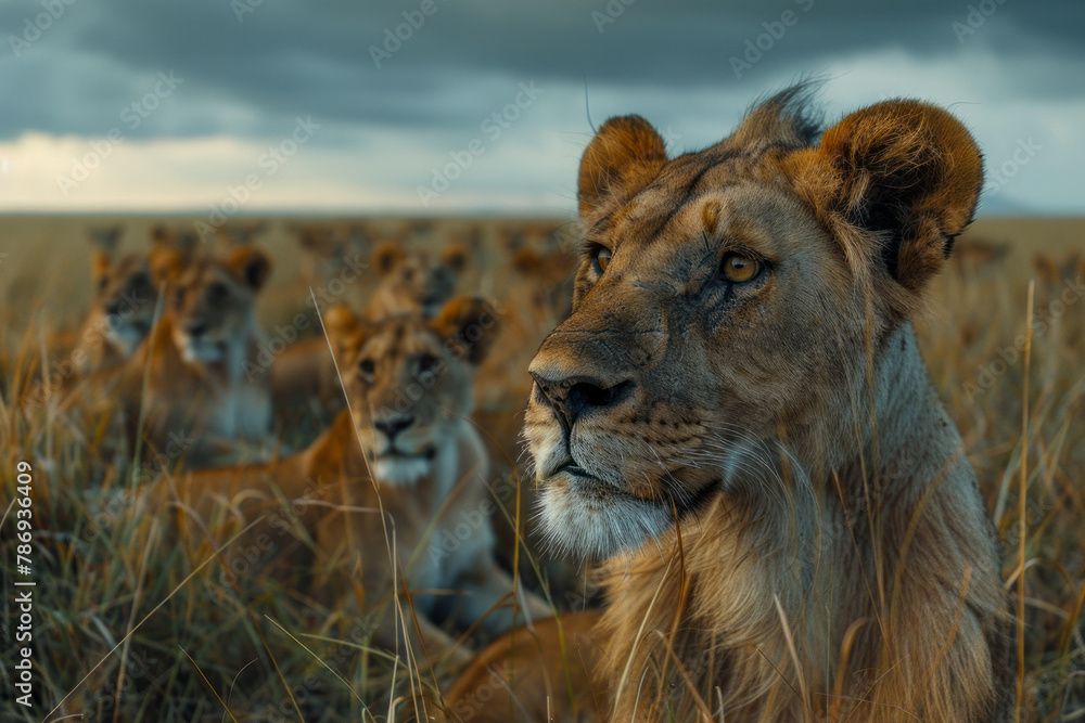 Poster a depiction of a tense moment as predators like lions and hyenas lurk at the edge of the migration p