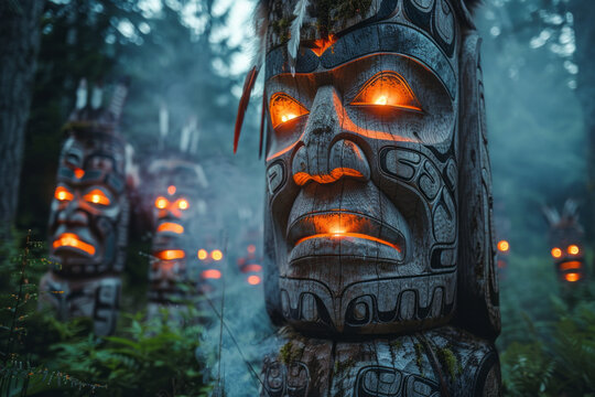 An image capturing a shaman's ritual dance around a totem pole, from which emerge softly glowing fac