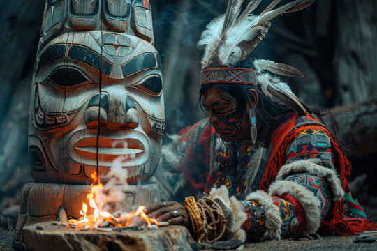 An image capturing a shaman's ritual dance around a totem pole, from which emerge softly glowing fac