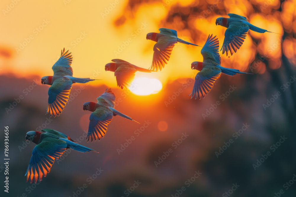 Poster an image depicting a flight of critically endangered orange-bellied parrots returning to their nesti