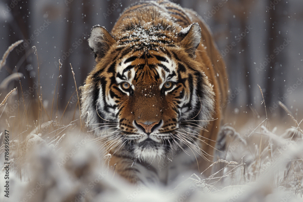 Poster an image illustrating an amur tiger marking its territory, using trees along its boundary lines to k