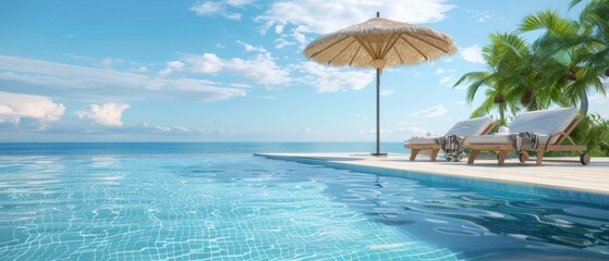 Pool with beach umbrella and chairs. Summer vacation concept. 3D rendering