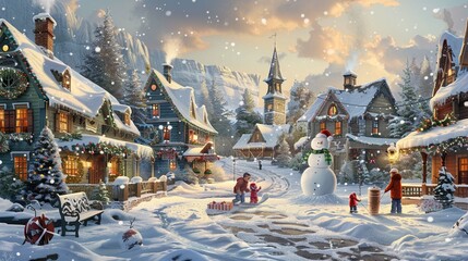 A family building a snowman in a quaint village 