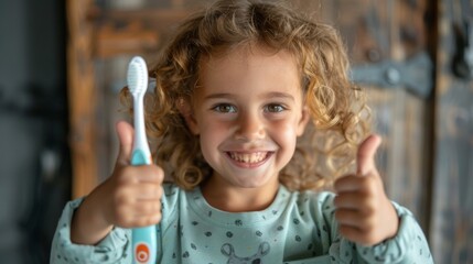 A little girl with a toothbrush giving a thumbs up. Generative AI.
