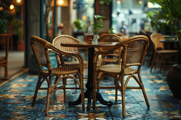 Beautiful wicker chairs and table in empty stylish restaurant