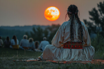 An image of a shaman hosting a full moon ceremony on the wellness center's grounds, bringing the com