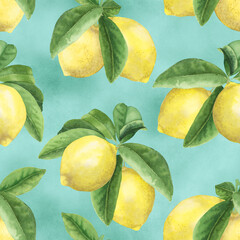 Lemons branch seamless watercolor pattern on textural background Summer lemon and leaves repeated print Tropical citrus fruits