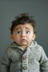 Naklejka premium A baby in a sweater with a serious look on his face. Generative AI.