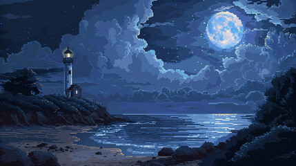A serene moonlit beach featuring a lonely lighthouse depicted in detailed pixel art. The atmospheric clouds in the dark sky-blue and gray backdrop create a captivating scene. - obrazy, fototapety, plakaty